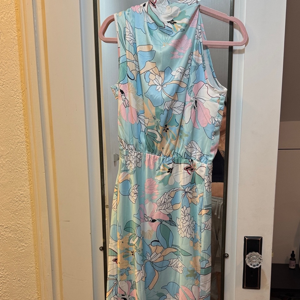 Floral Satin Feel Sleeveless Dress in Pastel Colors